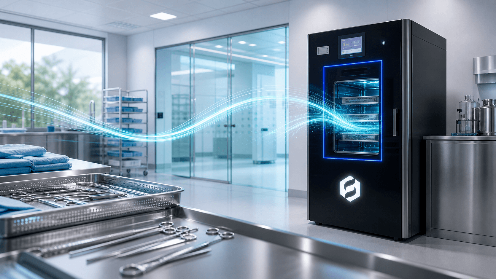 Sterile processing room with an EiligPlaz-inspired low-temperature plasma sterilizer and surgical instrument trays